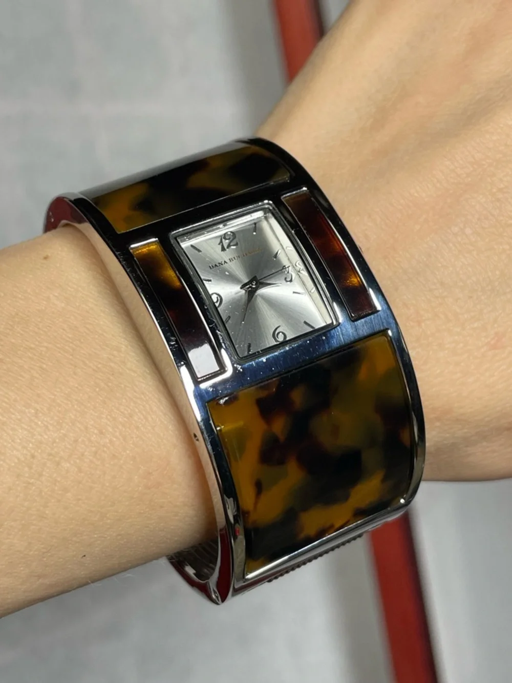 Dana Buchman Brown & Amber Animal Print Cuff Watch - Silver Accents - Adjustable
